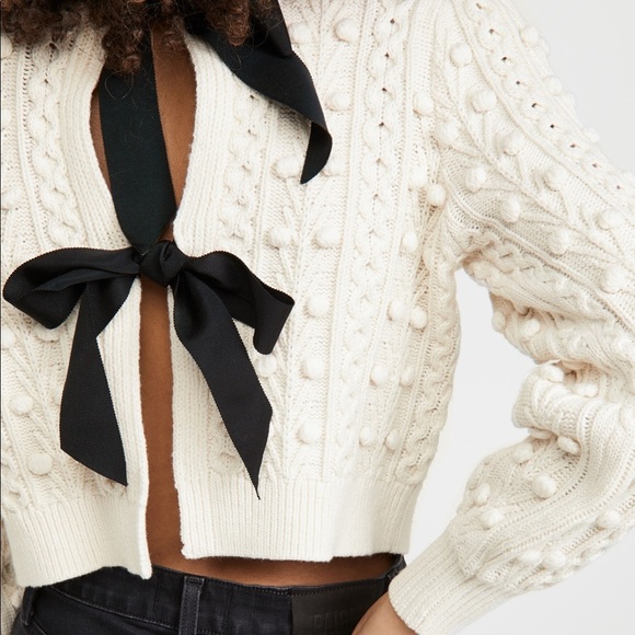 🖤 Alice & Olivia Off-White Puff-Sleeve Kitty Bauble Cable Knit Sweater Cardigan - Picture 3 of 15